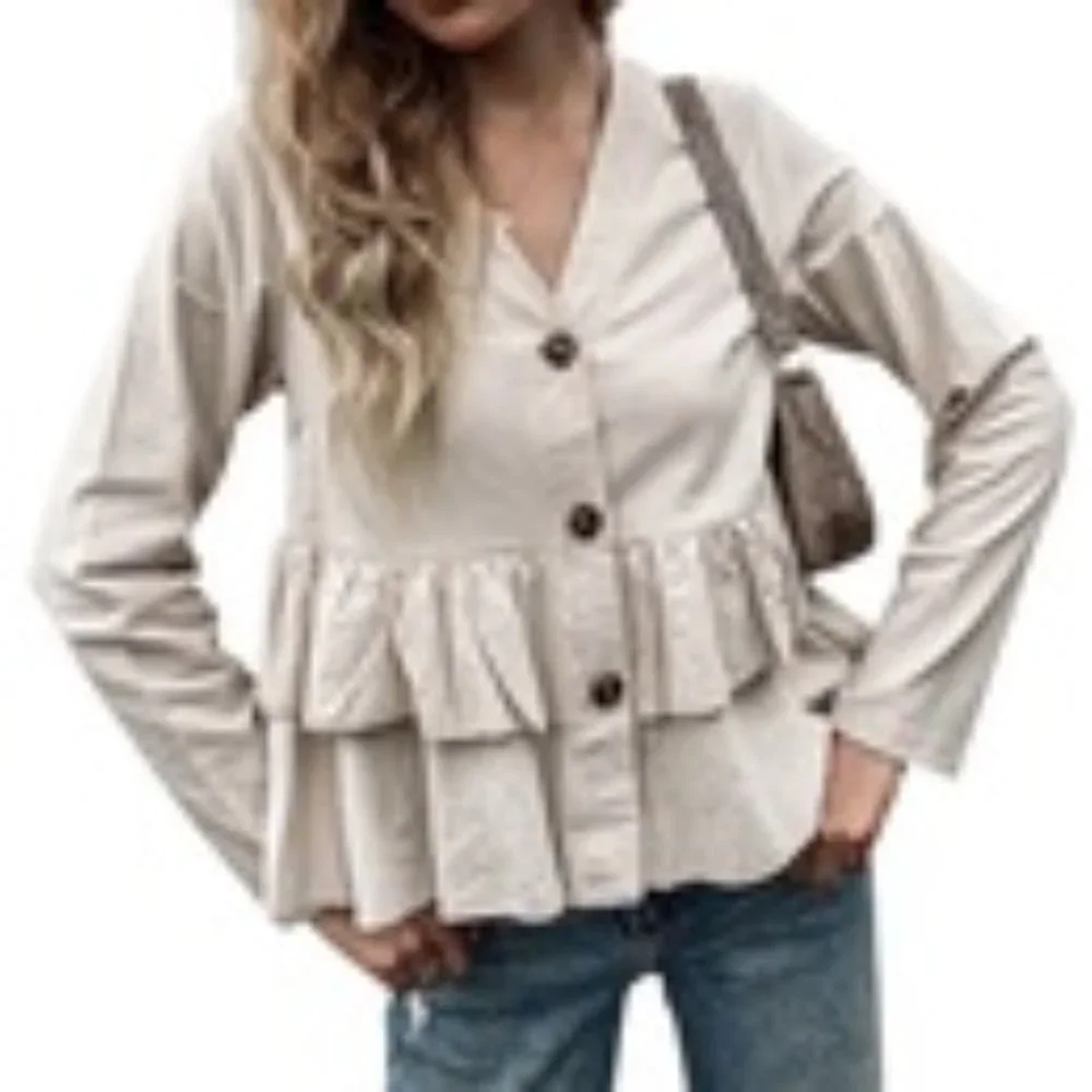 Women’s Cream Ruffle Button-Front Blouse - Picture 3 of 5